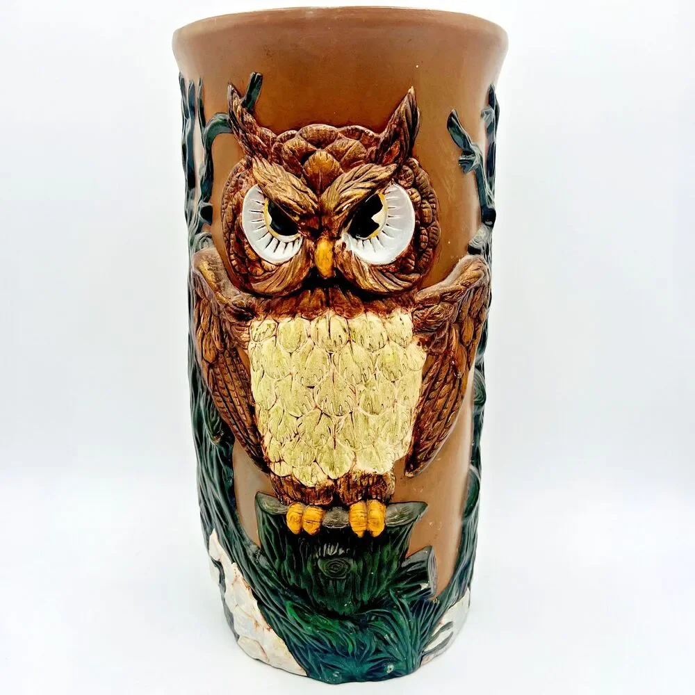 Vtg Ceramic Owl Umbrella Stand Holder 16 inches Floor Vase